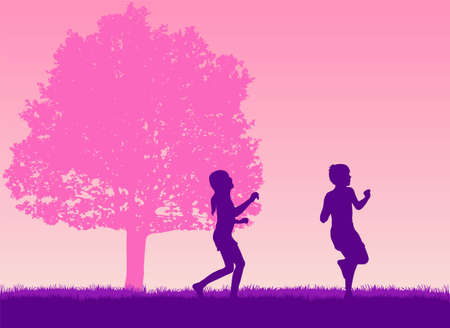 Silhouettes of children playing outside.のイラスト素材