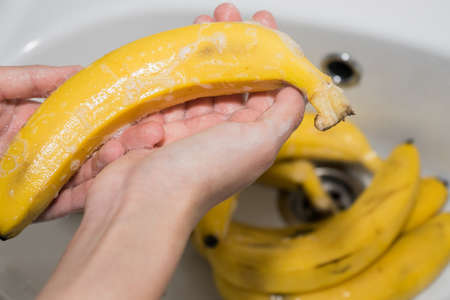 Girl washes bananas with soap. Hands and soapy bananas in the sink.の写真素材