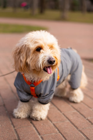 Cute curly blonde dog in a gray suit with orange ribbons.の写真素材