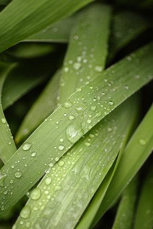 Many water droplets are on the green grass leaves. Green background.