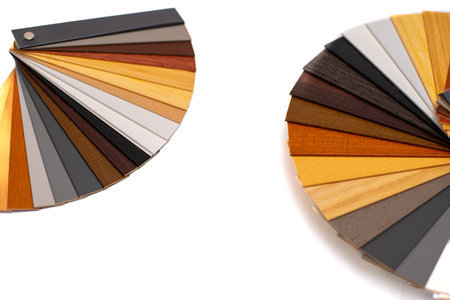 Samples of wooden blinds for windows in a store.の写真素材