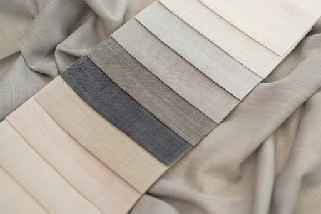 Multicolored tissue samples on a milky background. Fabric for curtains.の写真素材