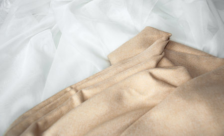 Tufted textured fabric in beige color for curtains.の写真素材