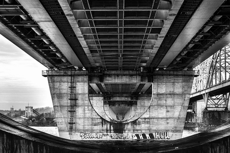 Black and White view on Darnytskyi bridge, Kiev, Ukraine. Winter time in Kiev city on the river