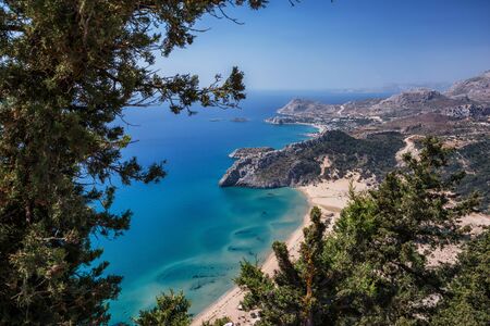 Beautiful view from the Church of St. Tsambika on Rhodes Island, Dodekanes, Greece. Sea View from all sides of church areaの写真素材