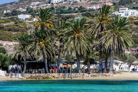 Agia Irini beach, Paros island, Greece. Beautiful greek beach with palms in Cyclades Islandsのeditorial素材