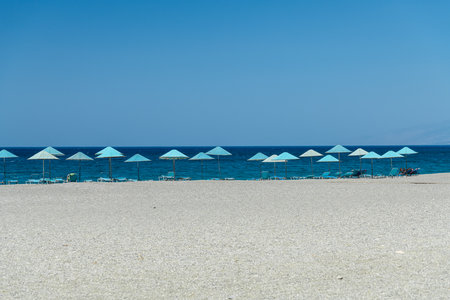 Triopetra Beach with a lot of big rocks and blue water, Crete island, Greece.の写真素材