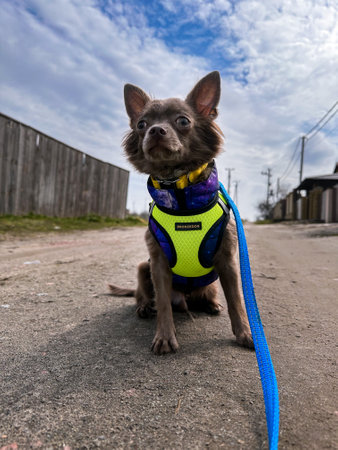 Lilac cute longhair chiwawa puppy - closeup photographyの写真素材