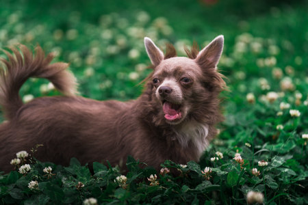 Lilac cute longhair chiwawa puppy - closeup photographyの写真素材