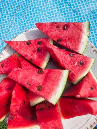 Red sliced watermelon in summertimeの写真素材