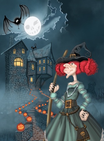 Illustration of the castle and the witch for Halloweenの写真素材