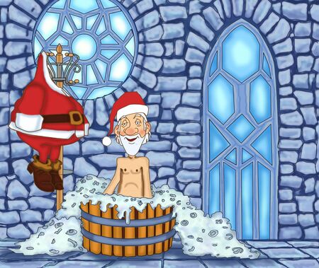 Jolly Santa Claus takes a bath without a suitの写真素材