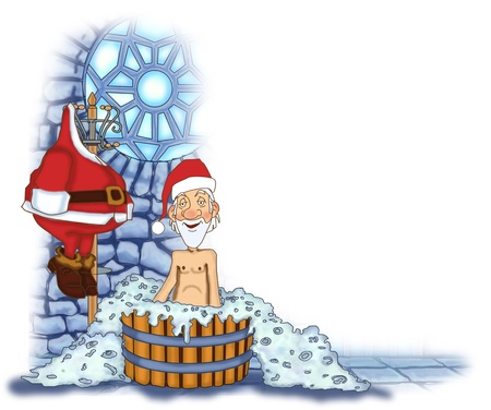 Jolly Santa Claus takes a bath without a suitの写真素材