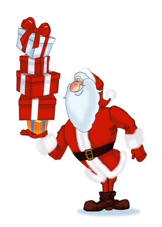 Jolly Santa Claus with gifts in the form of boxesの写真素材