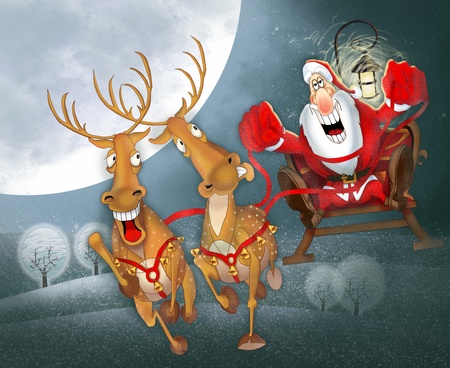 Santa Claus in a sleigh with reindeerの写真素材