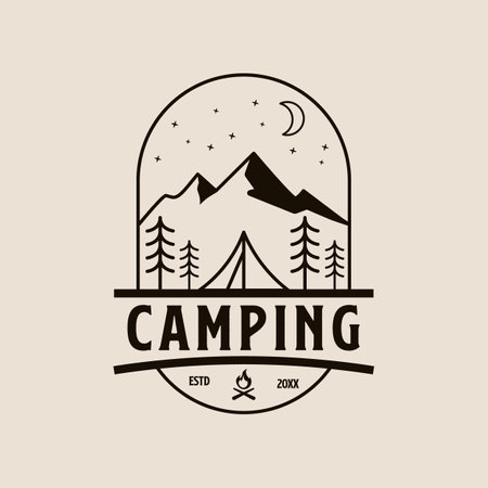 Camping line art logo, with emblem icon and symbol, vector illustration designのイラスト素材