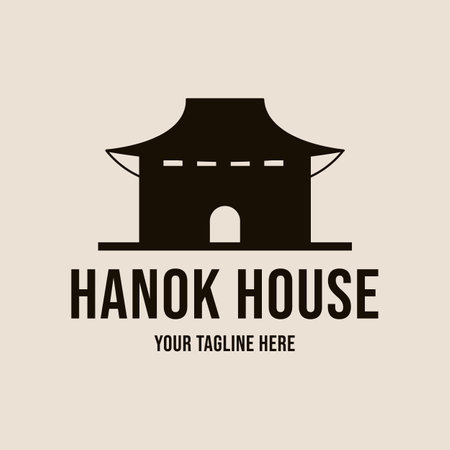 hanok house vintage logo illustration design, traditional korean architecture logo conceptのイラスト素材