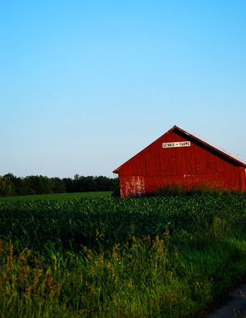 An old, but freshly painted red wood barn sits in the fields on a clear summer day.の写真素材