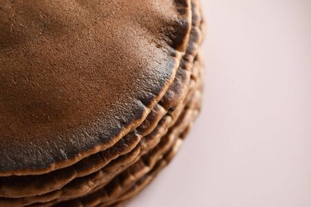 Chocolate pancakes pin plate food. copy space. background with food, texture
