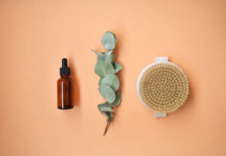 Natural organic spa cosmetics products, eco-friendly bathroom accessories, eucalyptus leaves. Spa...