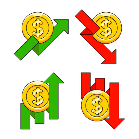 coin money icon financial economic graph gold coin cartoon style vector growing and taking down illustration Dollar coins icon set Flat color designのイラスト素材