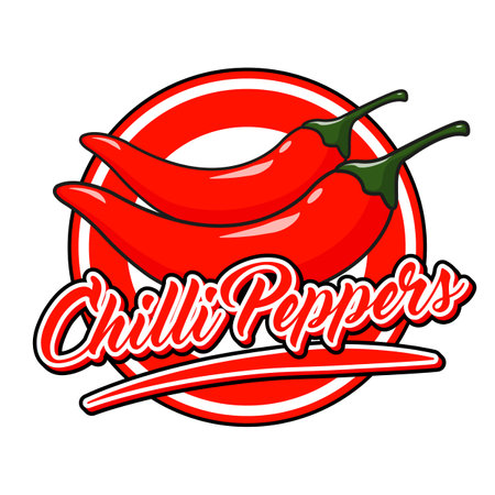 chili peppers food logo brand product cartoon style vector illustration grocery store editable text Chili pepper with lettering on red circleのイラスト素材