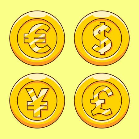 coin money icon flat design gold coin cartoon style vector with currency symbol illustration Set of gold coins with euro and dollar signsのイラスト素材