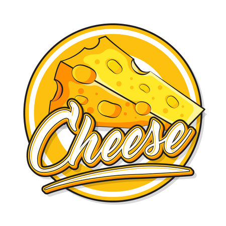 cheese food logo brand product cartoon style vector illustration grocery store logo editable text design template. Vector illustration of a piece of cheeseのイラスト素材
