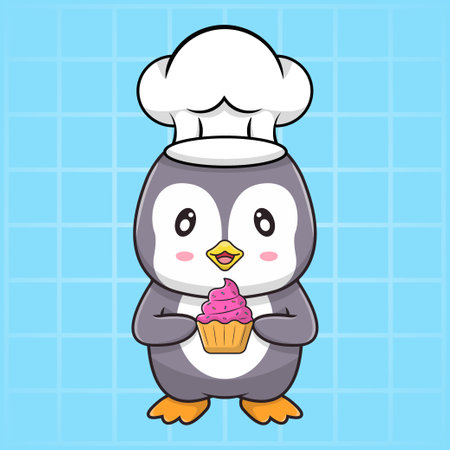 cute kawaii penguin with chef hat holding cup cake vector illustration Penguin chef with cupcakeのイラスト素材