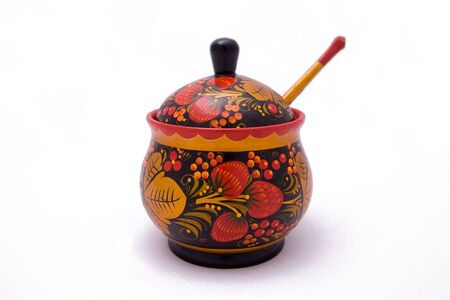 Wooden sugar bowl with tea spoonの写真素材
