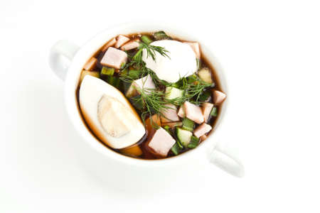okroshka cold kvass soup with chopped vegetables and meatの写真素材