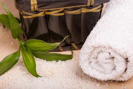 sea salt and towels for spa relaxの写真素材