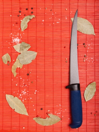 frame from red wooden mat with knife and spicesの写真素材