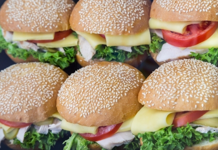 some hamburger with cheese in shop-windowの写真素材