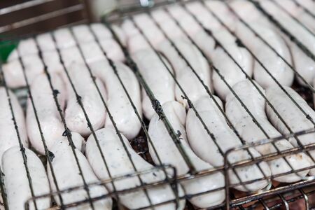 many uncooking sausages for grilled barbecueの写真素材