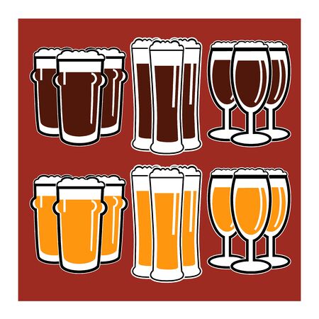 vector set group of three glasses with dark and light beer on red backgroundのイラスト素材