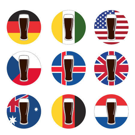 vector set beer glass with beer on background round national flags of world for template, web and printのイラスト素材