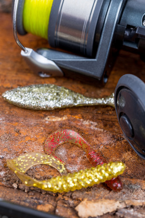 fishing reel with line on natural backgroundの写真素材