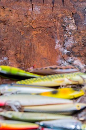 selective focus closeup fishing bait wobbler on natural backgroundの写真素材