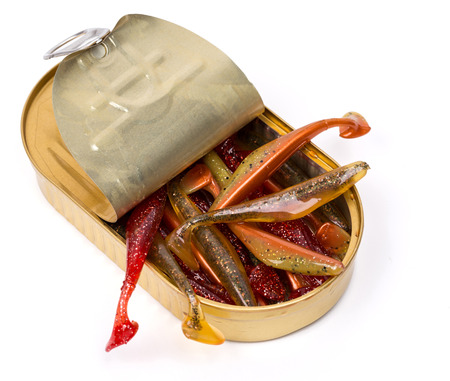 fishing tackles Swimbait different colors in open can on white backgroundの写真素材