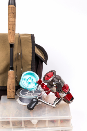 fishing tackles rod, reel, line and lure in box. Prepare fishing journeyの写真素材