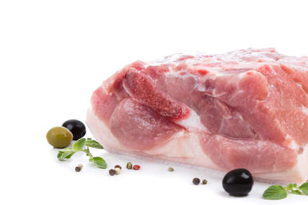 piece raw meat with bone from on side on white background. for advertising, banner or printの写真素材