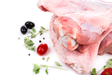 raw wings with bone of turkey from on side on white background. for advertising, promo, banner or printの写真素材
