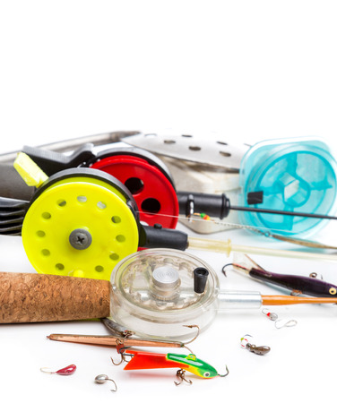 closeup ice fishing tackles with jig, line, rodの写真素材