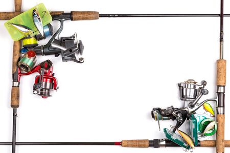 frame from different fishing tackles. Concept design for freshwater outdoor active business company.の写真素材