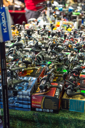 SANKT-PETERBURG, RUSSIA - 25 MARCH 2016: exhibition "hunting and fishing". stands and fishing products of the participating companies in the exhibition center "Expoforum"のeditorial素材