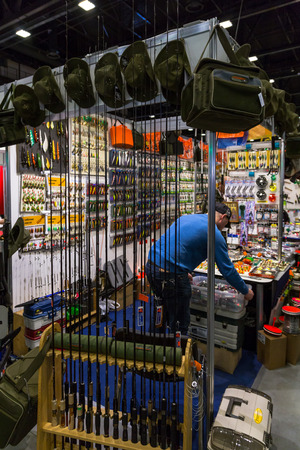 SANKT-PETERBURG, RUSSIA - 25 MARCH 2016: exhibition "hunting and fishing". stands and fishing products of the participating companies in the exhibition center "Expoforum"のeditorial素材