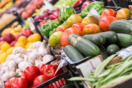 fresh raw different vegetables in marketの写真素材