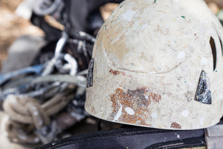 helmet with rope and tools for industry alpinism jobの写真素材