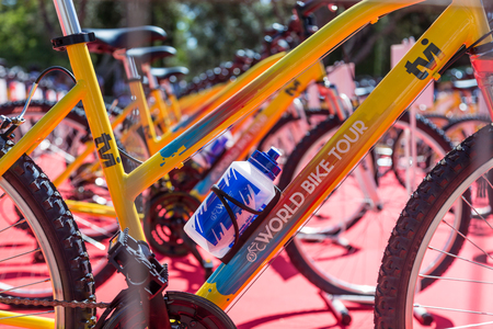 LISBON, PORTUGAL - July 23,2017: Start event is "World Bike Tour 2017" on street of european city Liabon near tower of Belem and Padrao dos Descobrimentos.のeditorial素材